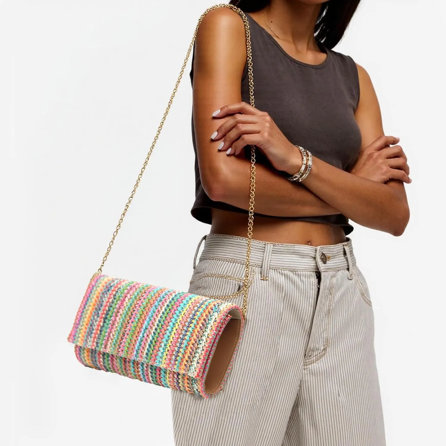 Fozehlad Straw Clutch Bags for Women Straw Beach Crossbody Purse Woven Envelope Wallet Fold Over Chain Shoulder Bag