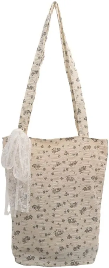 French Floral Pattern Canvas Shoulder Bag with Spacious Interior Women Large Capacity Bucket Handbag with Lace Bows