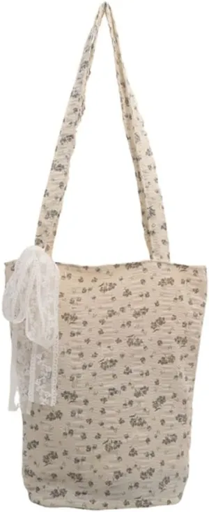 French Floral Pattern Canvas Shoulder Bag with Spacious Interior Women Large Capacity Bucket Handbag with Lace Bows