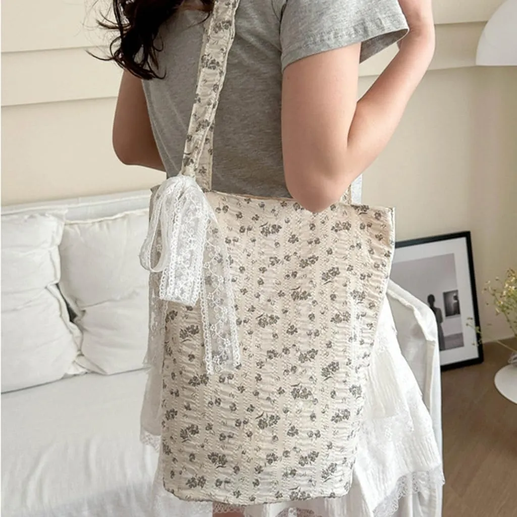French Floral Pattern Canvas Shoulder Bag with Spacious Interior Women Large Capacity Bucket Handbag with Lace Bows