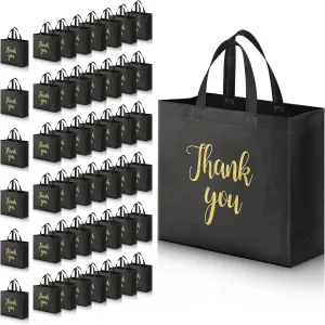 Fumete 50 Pcs Reusable Non Woven Thank You Bags Shopping Grocery Merchandise Bag Bulk with Handles(Black, Gold)