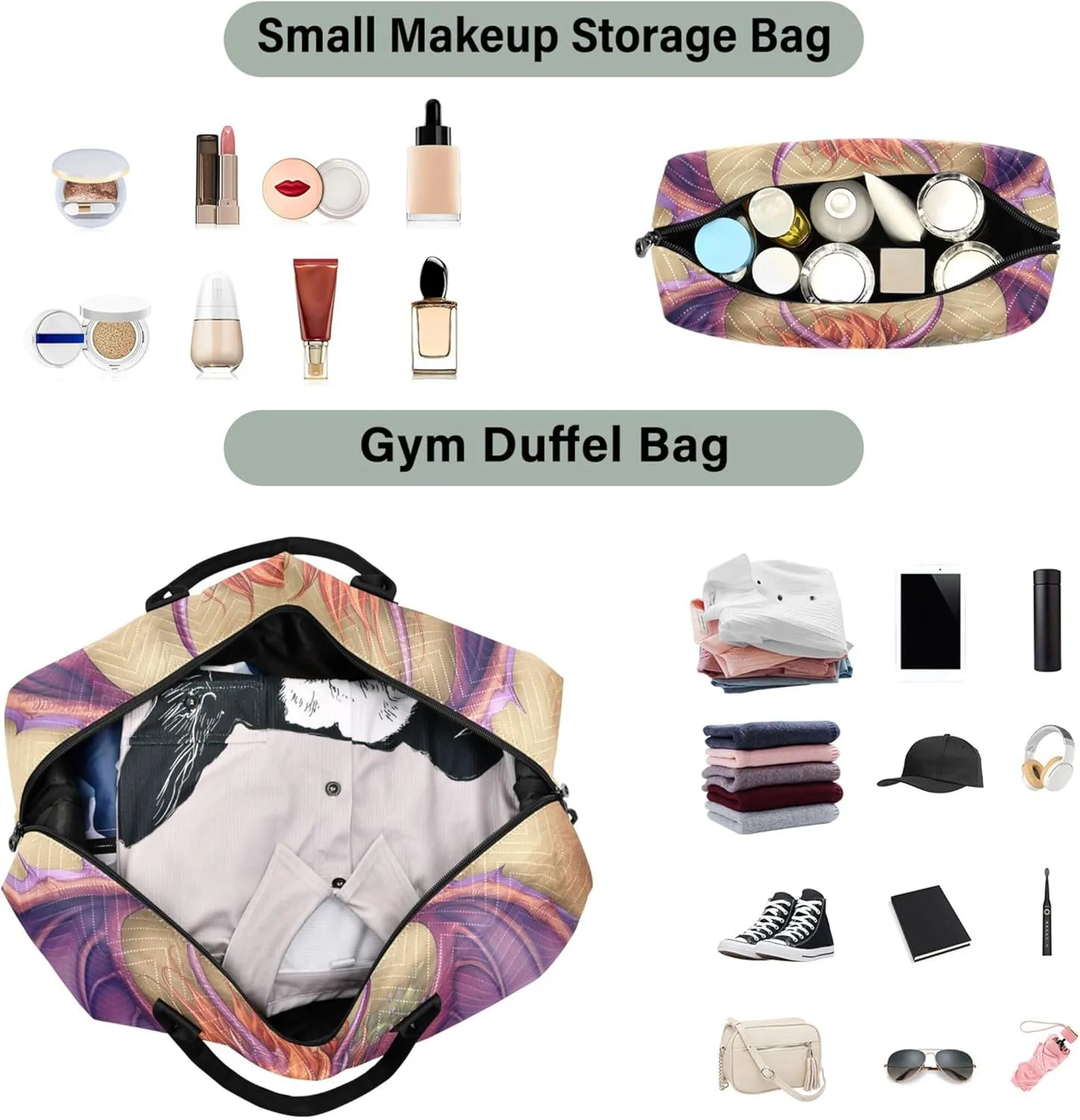 Funny Dragon Duffle Bag Travel Cosmetic Bag Set of 2, Design Women Sports Bag Carry on Duffel Bag