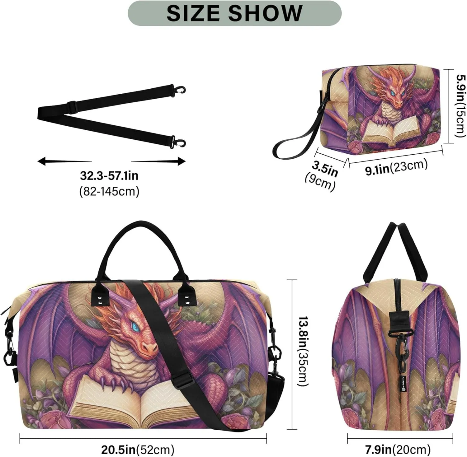 Funny Dragon Duffle Bag Travel Cosmetic Bag Set of 2, Design Women Sports Bag Carry on Duffel Bag