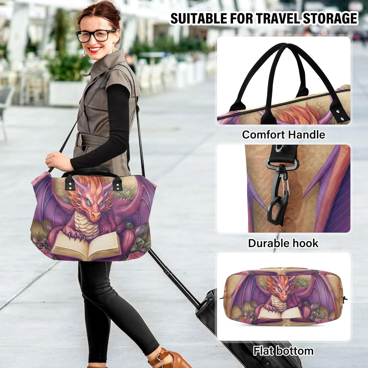 Funny Dragon Duffle Bag Travel Cosmetic Bag Set of 2, Design Women Sports Bag Carry on Duffel Bag