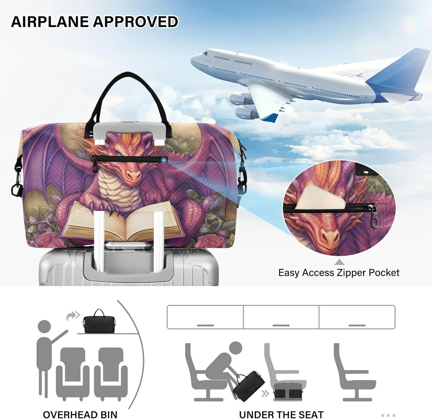 Funny Dragon Duffle Bag Travel Cosmetic Bag Set of 2, Design Women Sports Bag Carry on Duffel Bag
