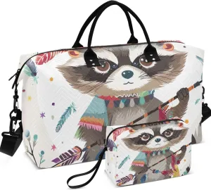 Funny Raccoon Feather Duffel Bags for Traveling Cosmetic Bags Set of 2, Floral Womens Luggage Bags Carry on Bag