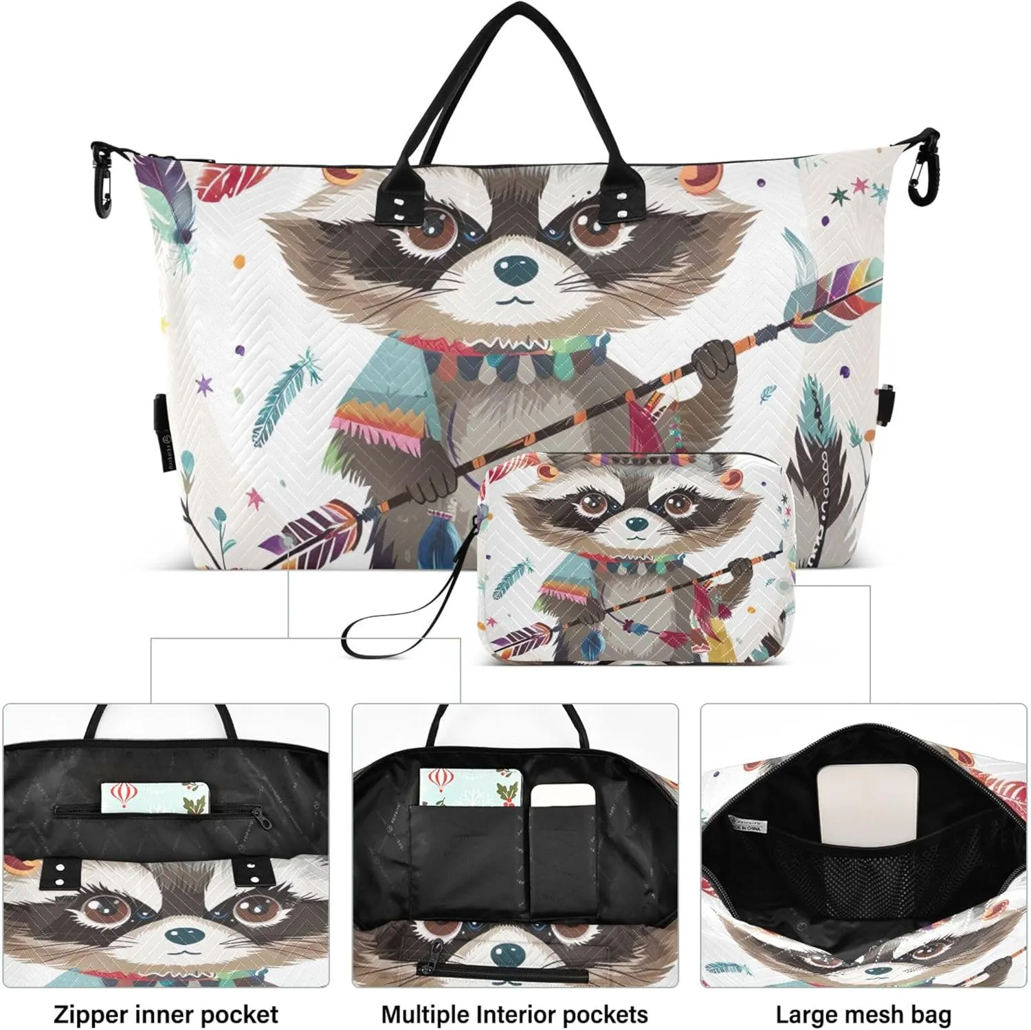 Funny Raccoon Feather Duffel Bags for Traveling Cosmetic Bags Set of 2, Floral Womens Luggage Bags Carry on Bag