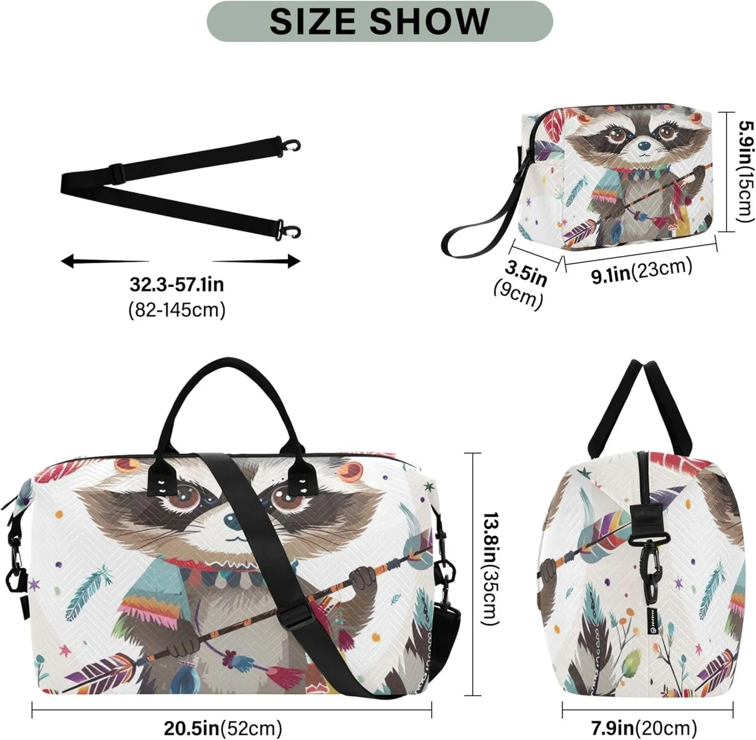Funny Raccoon Feather Duffel Bags for Traveling Cosmetic Bags Set of 2, Floral Womens Luggage Bags Carry on Bag