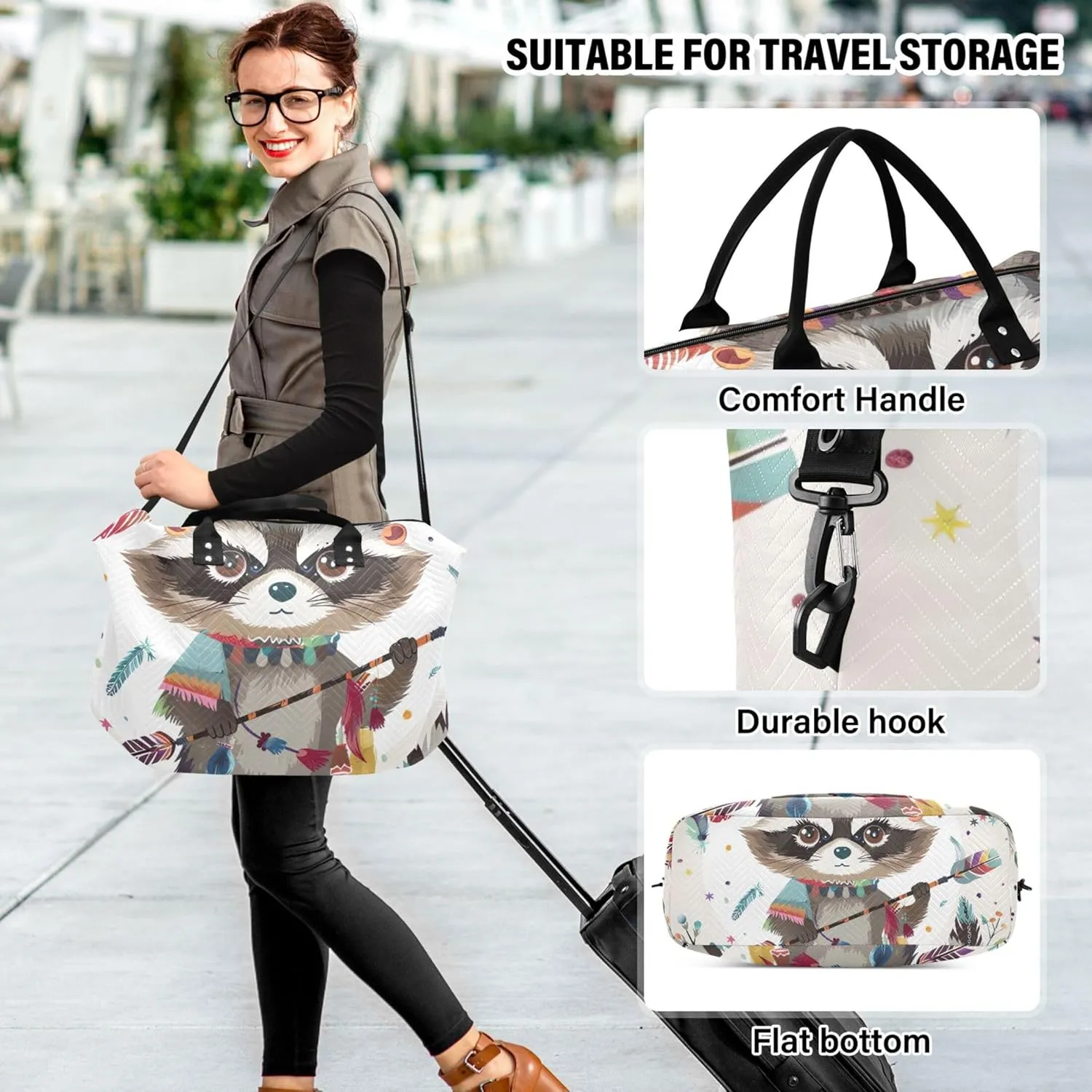 Funny Raccoon Feather Duffel Bags for Traveling Cosmetic Bags Set of 2, Floral Womens Luggage Bags Carry on Bag