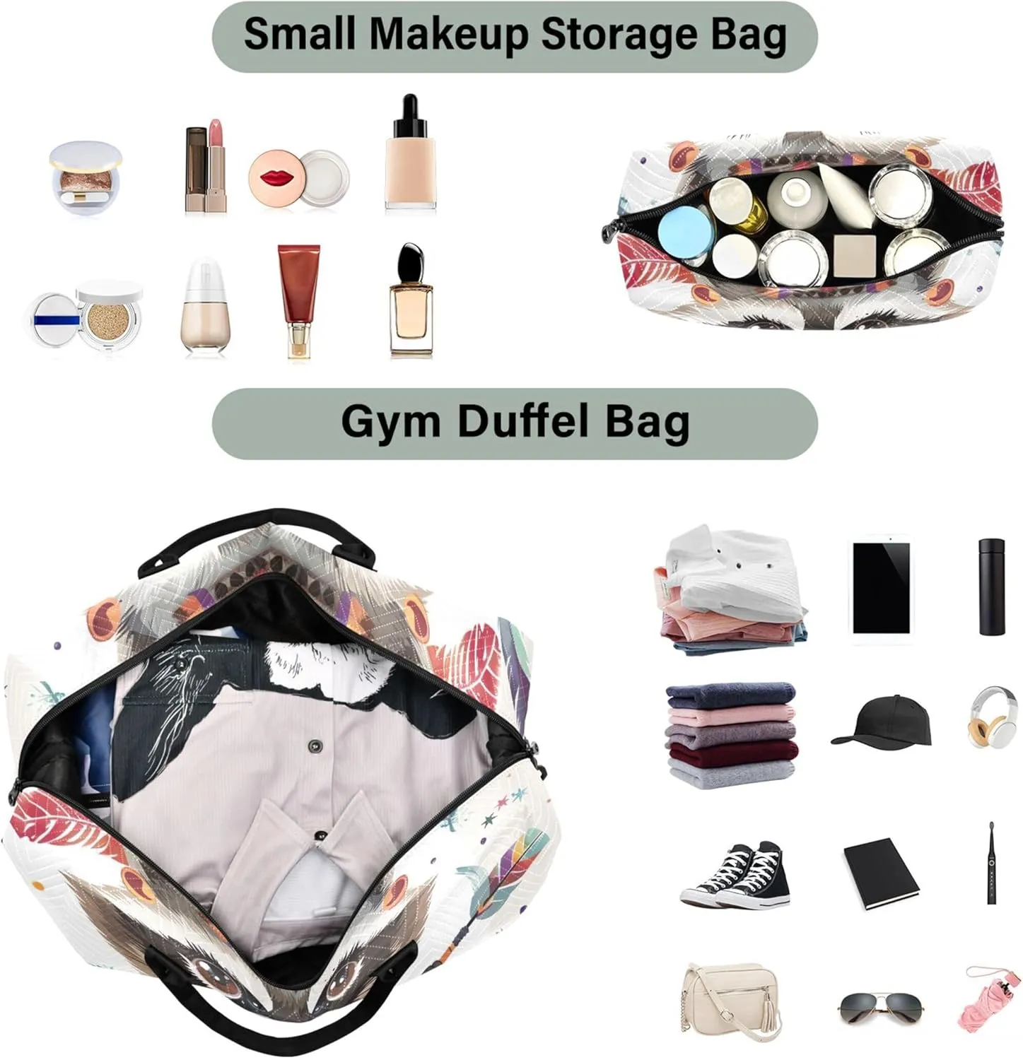 Funny Raccoon Feather Duffel Bags for Traveling Cosmetic Bags Set of 2, Floral Womens Luggage Bags Carry on Bag