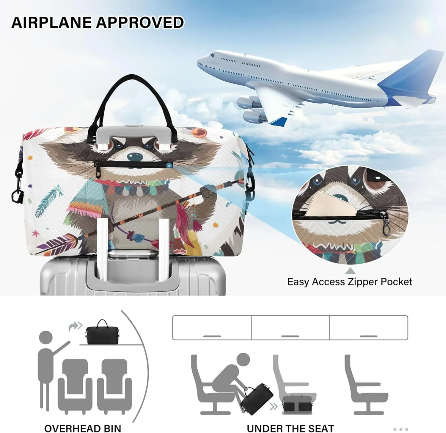 Funny Raccoon Feather Duffel Bags for Traveling Cosmetic Bags Set of 2, Floral Womens Luggage Bags Carry on Bag