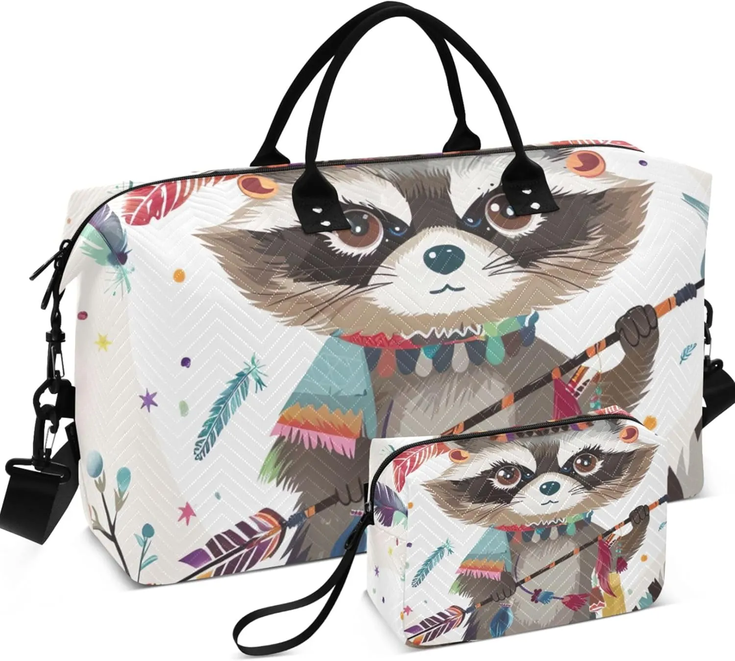 Funny Raccoon Feather Duffel Bags for Traveling Cosmetic Bags Set of 2, Floral Womens Luggage Bags Carry on Bag