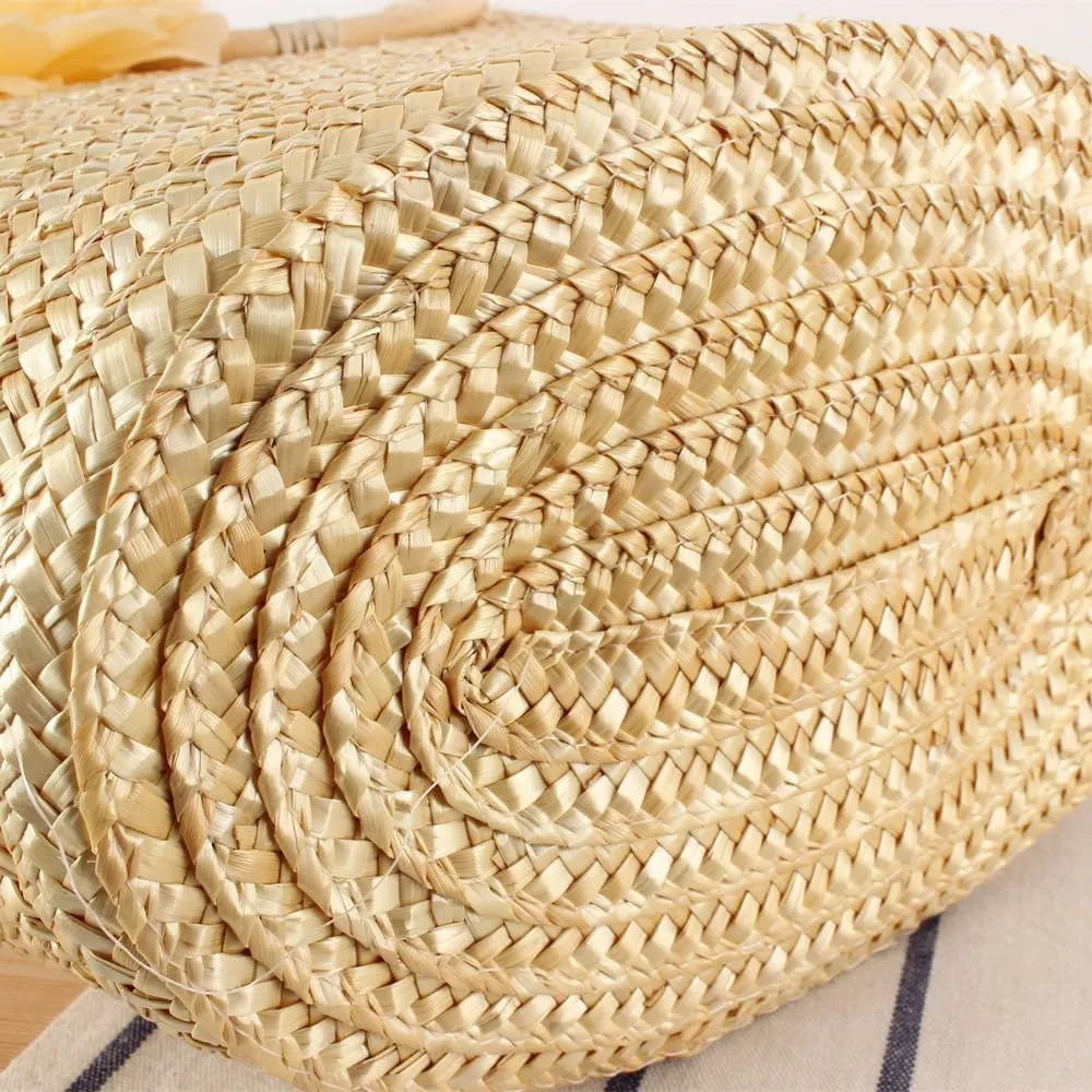 FUNSEED Straw Beach Tote Bag for Women, Large Capacity Handmade Woven Flower Shoulder Bag for Summer Beach Travel