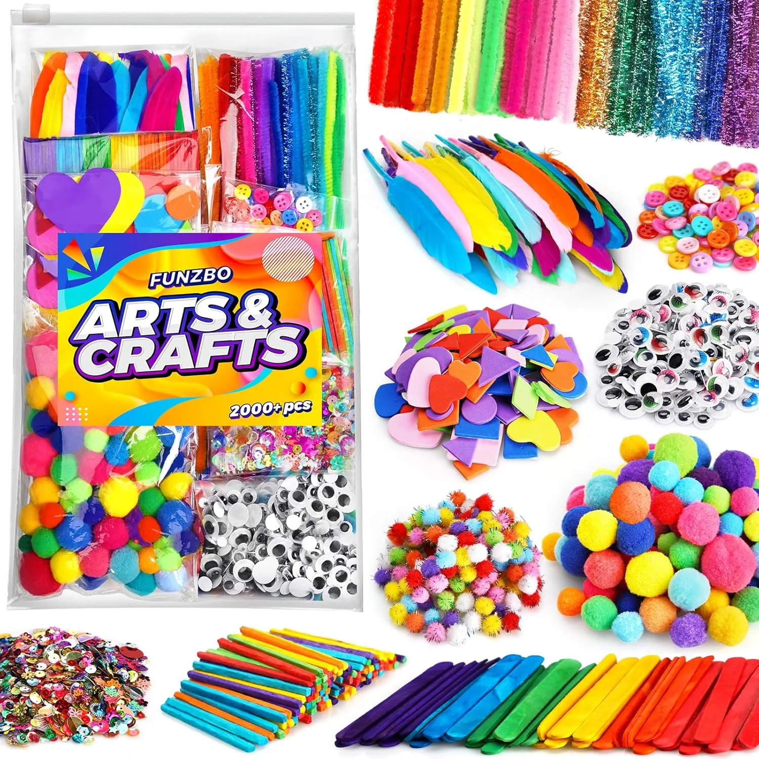 FUNZBO 2000Pcs  Arts & Crafts Supplies Kits for Kids, DIY Craft Supplies for Toddlers Art Supply Tools Set Include Pipe Cleaners,Pom Poms and Feather, Crafts Birthday Gifts for Kid Girls Ages 4-8-12