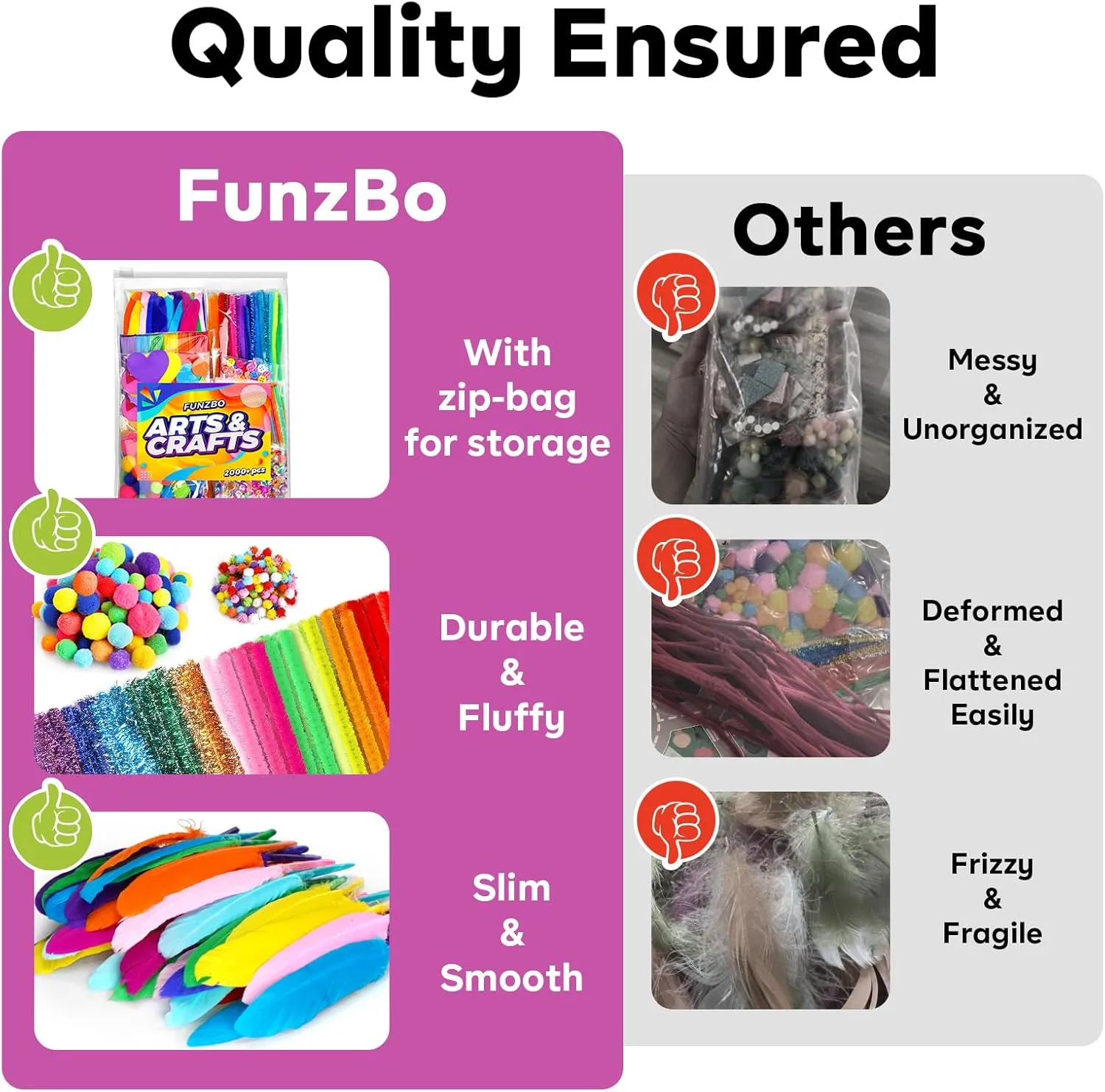 FUNZBO 2000Pcs  Arts & Crafts Supplies Kits for Kids, DIY Craft Supplies for Toddlers Art Supply Tools Set Include Pipe Cleaners,Pom Poms and Feather, Crafts Birthday Gifts for Kid Girls Ages 4-8-12