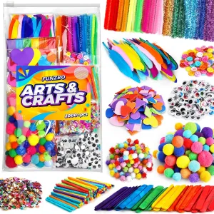 FUNZBO 2000Pcs  Arts & Crafts Supplies Kits for Kids, DIY Craft Supplies for Toddlers Art Supply Tools Set Include Pipe Cleaners,Pom Poms and Feather, Crafts Birthday Gifts for Kid Girls Ages 4-8-12