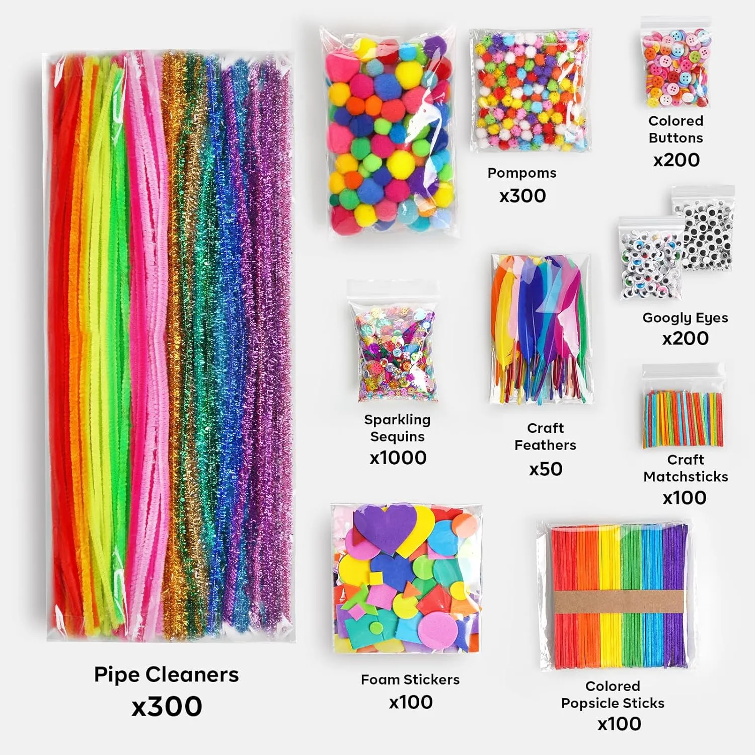 FUNZBO 2000Pcs  Arts & Crafts Supplies Kits for Kids, DIY Craft Supplies for Toddlers Art Supply Tools Set Include Pipe Cleaners,Pom Poms and Feather, Crafts Birthday Gifts for Kid Girls Ages 4-8-12
