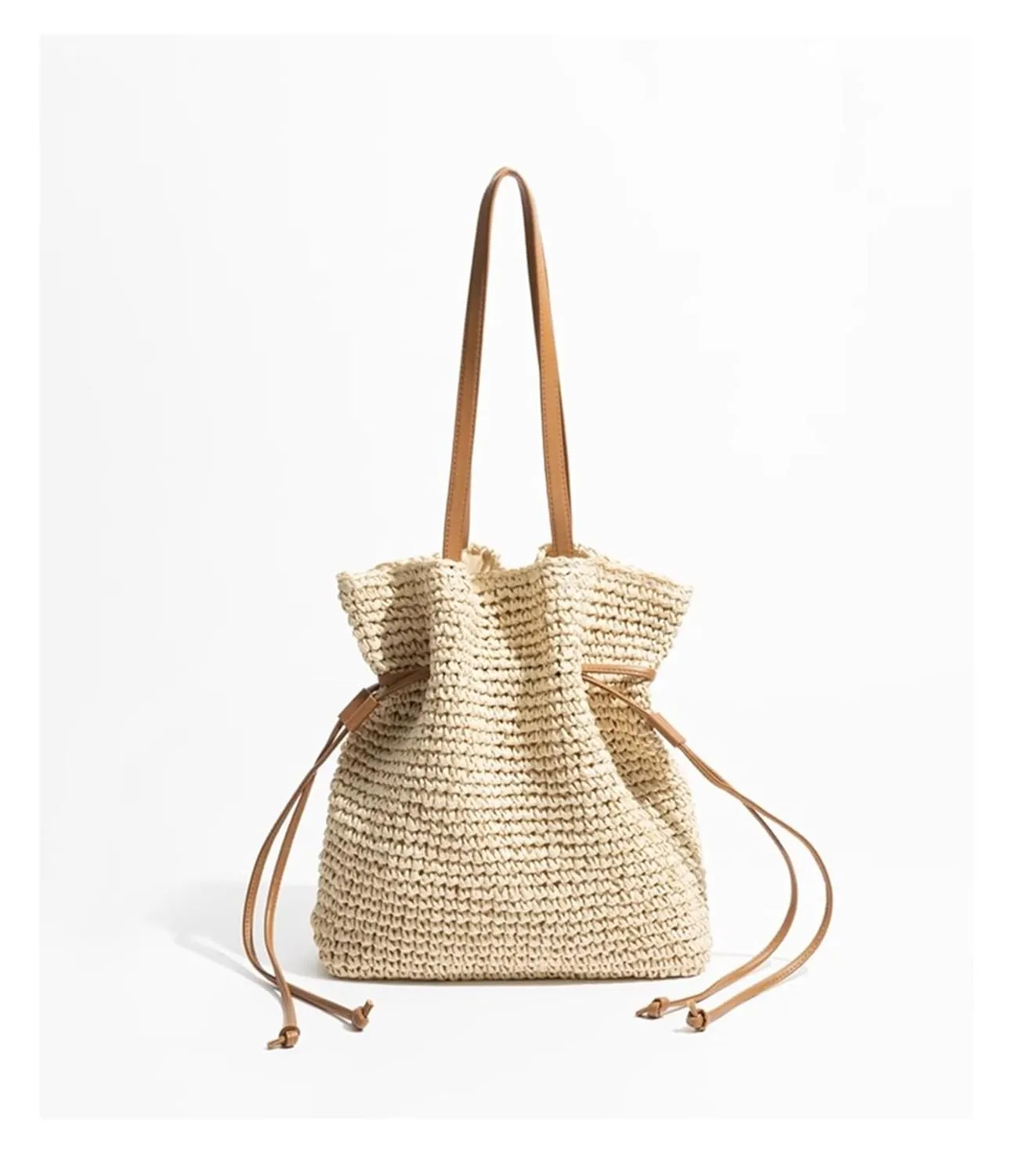 FURINFASHION GR-84 Handmade Straw Woven Bucket Bag For Women With Leather Strap One Shoulder Bags Wrinkles Handbag (One Size, Beige)