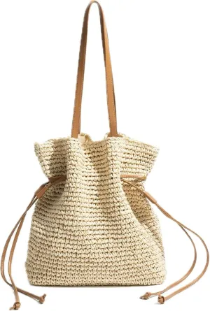 FURINFASHION GR-84 Handmade Straw Woven Bucket Bag For Women With Leather Strap One Shoulder Bags Wrinkles Handbag (One Size, Beige)