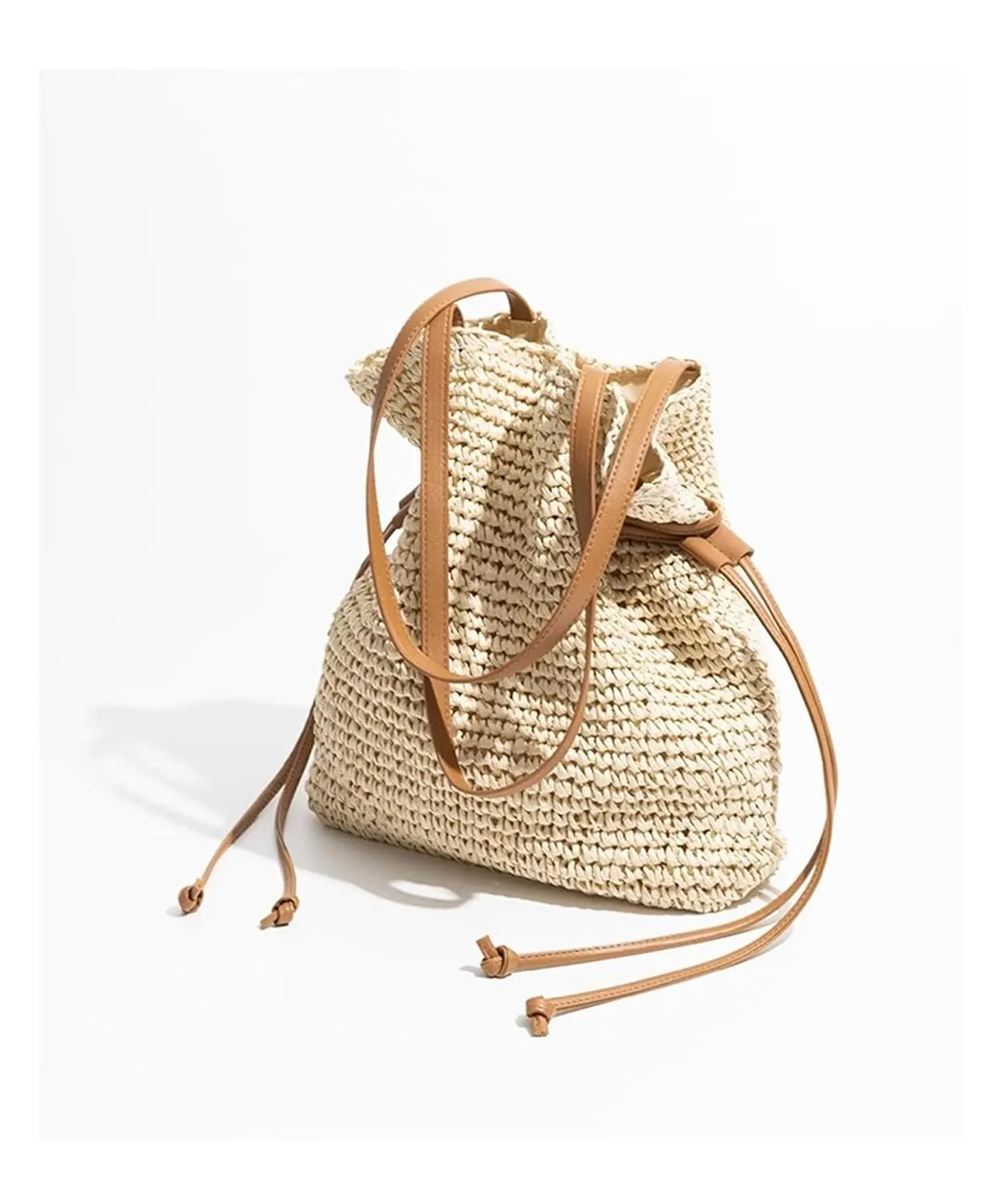 FURINFASHION GR-84 Handmade Straw Woven Bucket Bag For Women With Leather Strap One Shoulder Bags Wrinkles Handbag (One Size, Beige)