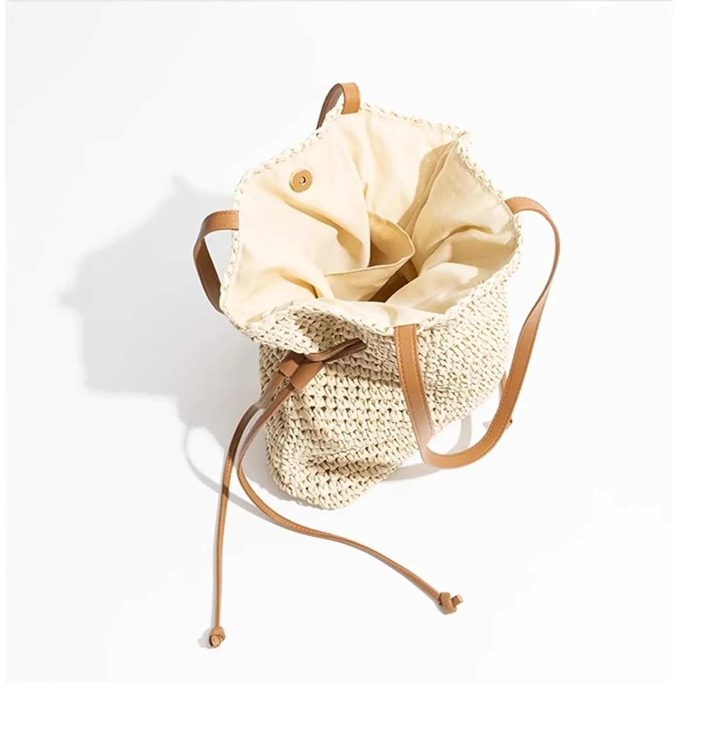 FURINFASHION GR-84 Handmade Straw Woven Bucket Bag For Women With Leather Strap One Shoulder Bags Wrinkles Handbag (One Size, Beige)