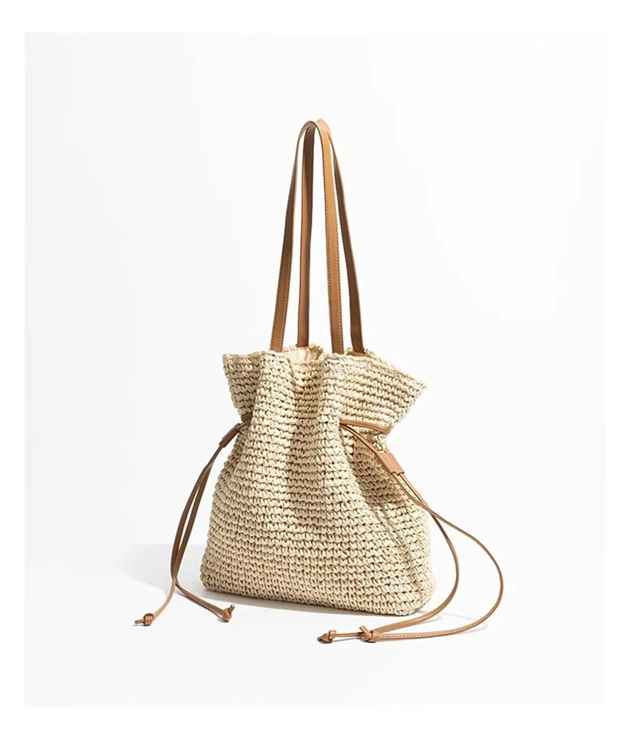 FURINFASHION GR-84 Handmade Straw Woven Bucket Bag For Women With Leather Strap One Shoulder Bags Wrinkles Handbag (One Size, Beige)