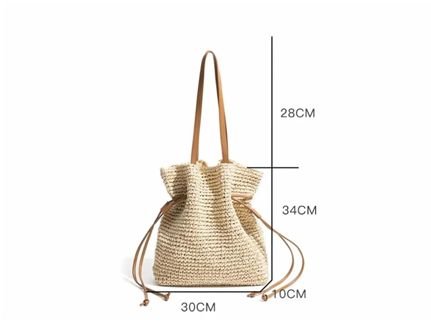 FURINFASHION GR-84 Handmade Straw Woven Bucket Bag For Women With Leather Strap One Shoulder Bags Wrinkles Handbag (One Size, Beige)