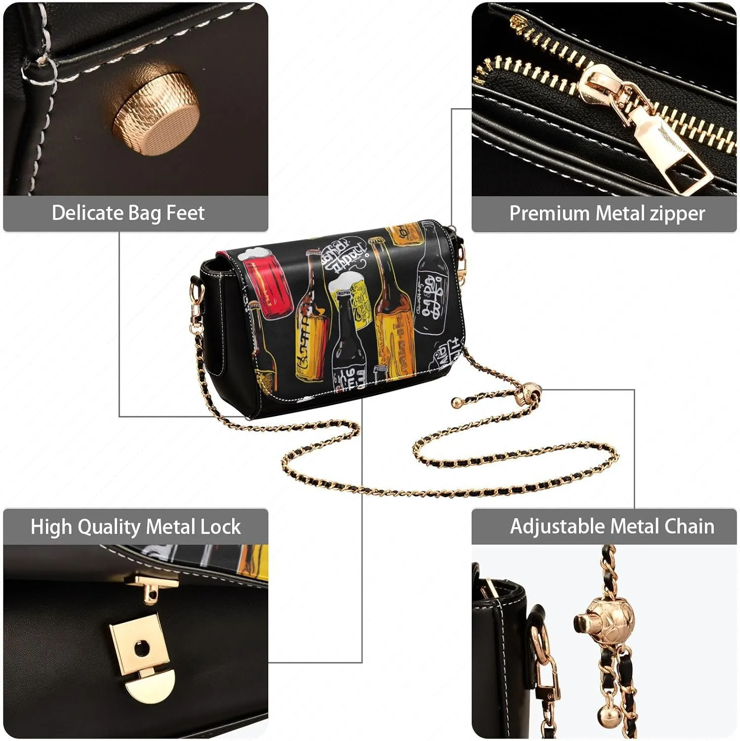 GAIGEO Black and Brown Floral Decorative Swirls Gold Chain Strap Crossbody, Ladies Leather Crossbody Bags