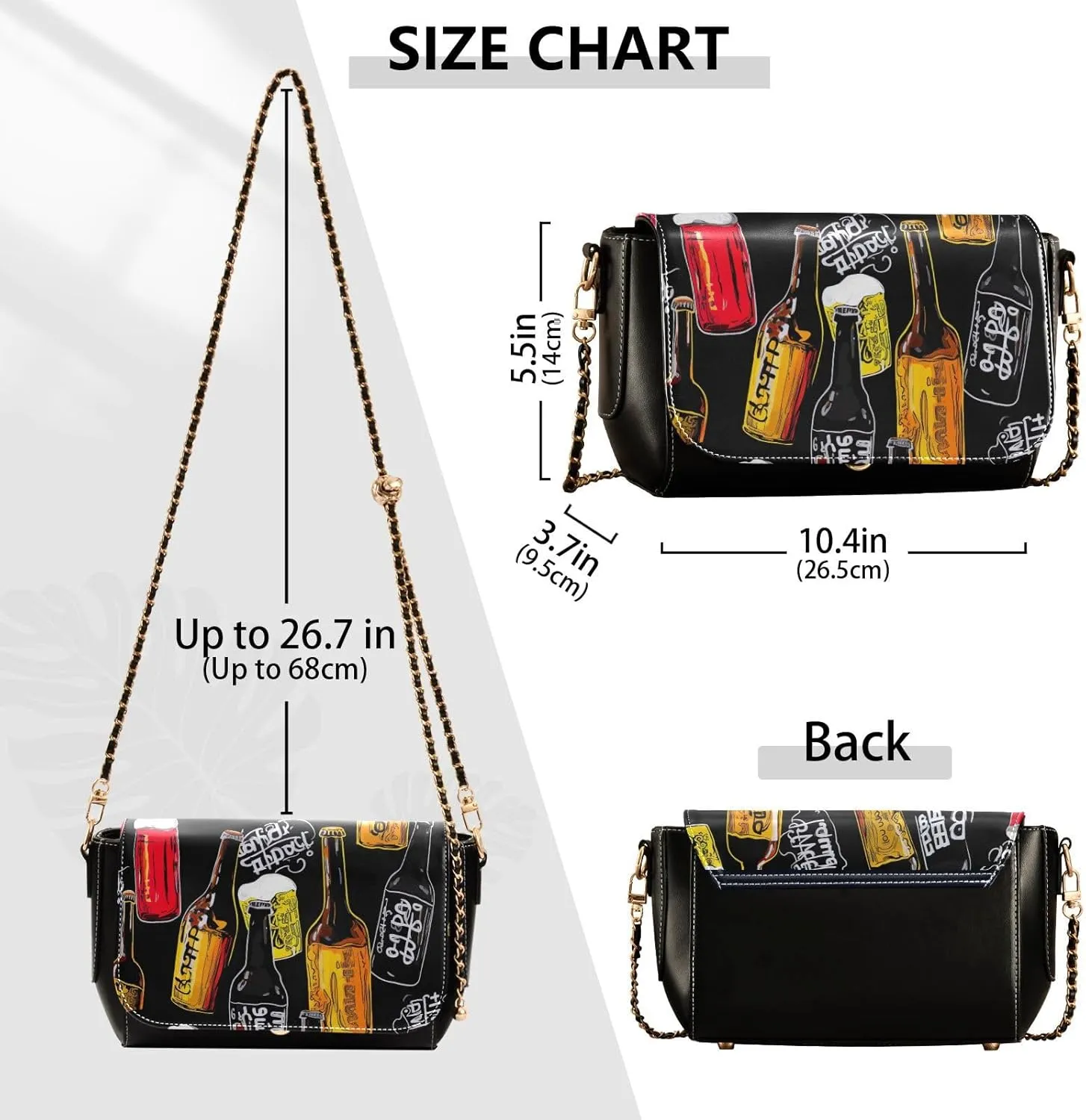 GAIGEO Black and Brown Floral Decorative Swirls Gold Chain Strap Crossbody, Ladies Leather Crossbody Bags