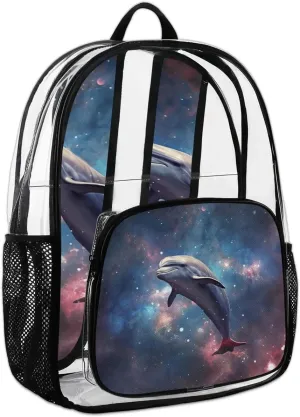 Galaxy Dolphin Clear Backpack Stadium Approved Heavy-Duty See Through Bag Waterproof Clear Backpack for Concerts Work Sports & Events Large Capacity 11.2x6.2x17.7"
