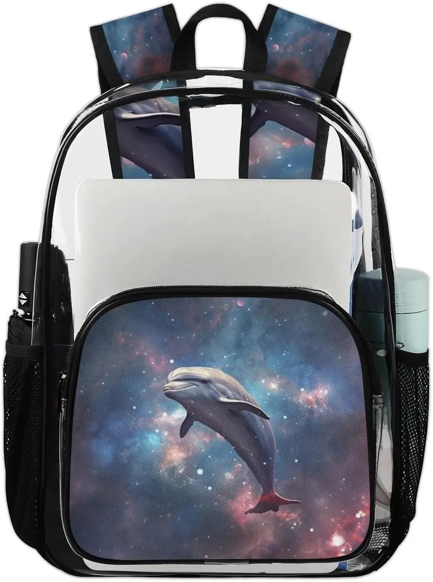 Galaxy Dolphin Clear Backpack Stadium Approved Heavy-Duty See Through Bag Waterproof Clear Backpack for Concerts Work Sports & Events Large Capacity 11.2x6.2x17.7"