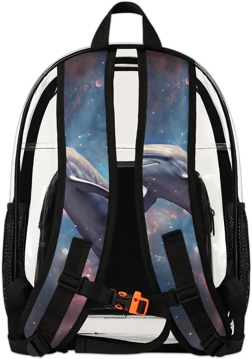 Galaxy Dolphin Clear Backpack Stadium Approved Heavy-Duty See Through Bag Waterproof Clear Backpack for Concerts Work Sports & Events Large Capacity 11.2x6.2x17.7"