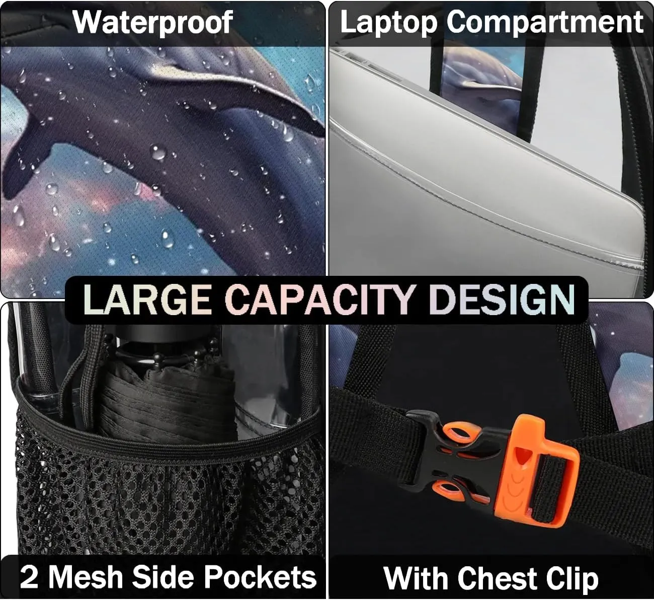Galaxy Dolphin Clear Backpack Stadium Approved Heavy-Duty See Through Bag Waterproof Clear Backpack for Concerts Work Sports & Events Large Capacity 11.2x6.2x17.7"