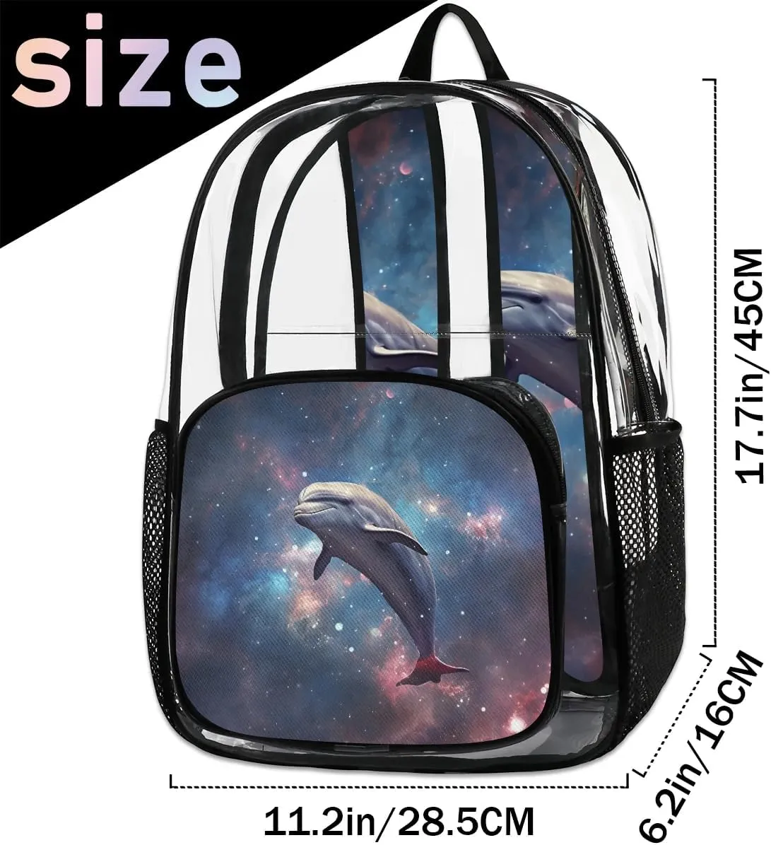 Galaxy Dolphin Clear Backpack Stadium Approved Heavy-Duty See Through Bag Waterproof Clear Backpack for Concerts Work Sports & Events Large Capacity 11.2x6.2x17.7"