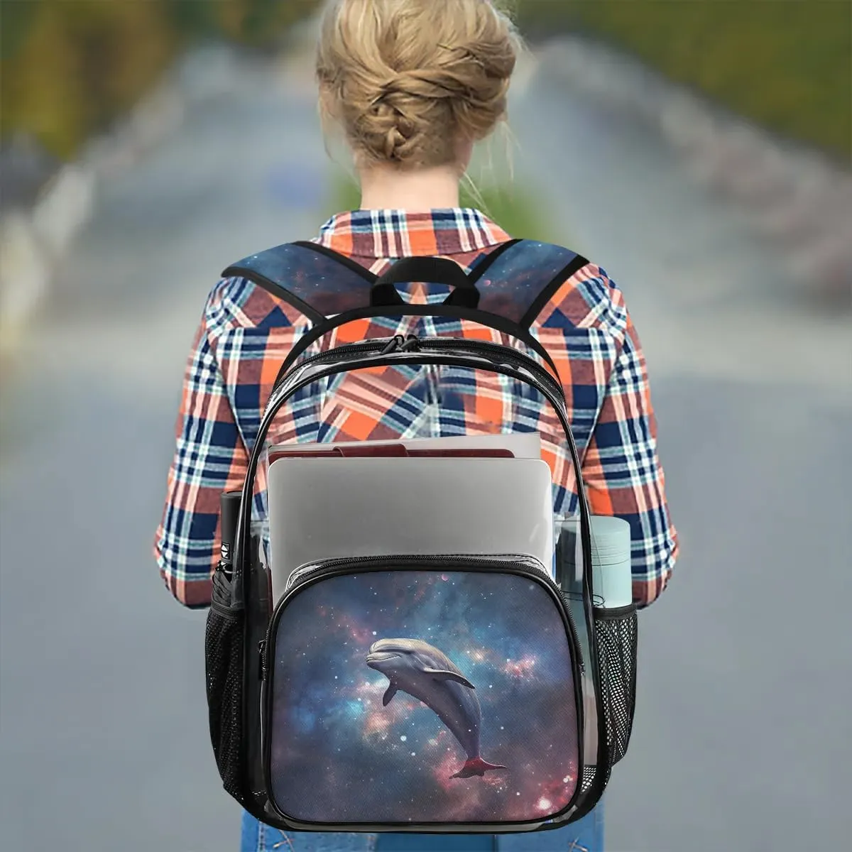 Galaxy Dolphin Clear Backpack Stadium Approved Heavy-Duty See Through Bag Waterproof Clear Backpack for Concerts Work Sports & Events Large Capacity 11.2x6.2x17.7"