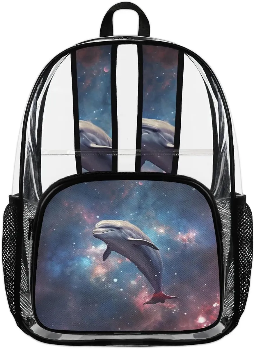 Galaxy Dolphin Clear Backpack Stadium Approved Heavy-Duty See Through Bag Waterproof Clear Backpack for Concerts Work Sports & Events Large Capacity 11.2x6.2x17.7"