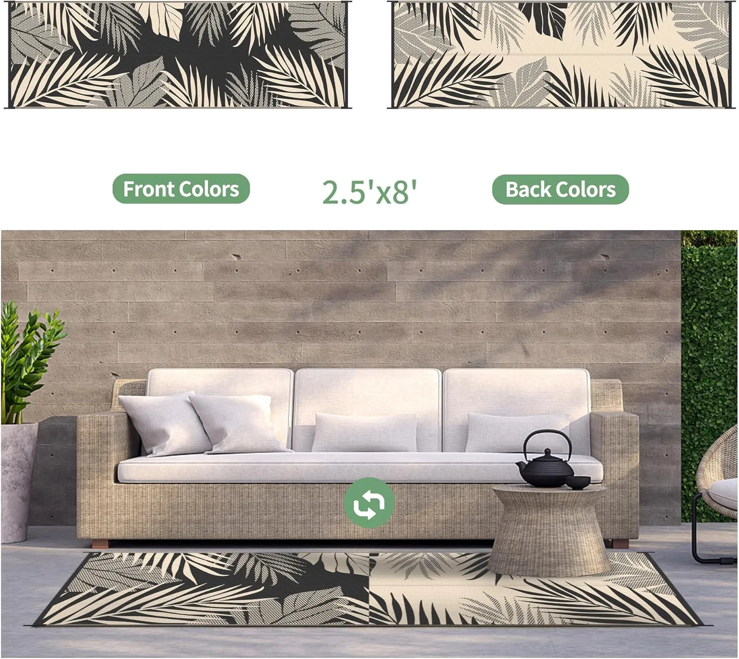 GENIMO Outdoor Rug 2.5' x 8' Waterproof for Patios Clearance, Reversible Outdoor Plastic Straw Camping Rug Carpet, Large Area Rugs Mats for RV, Camper, Deck, Balcony, Porch, Beach, Black&Beige