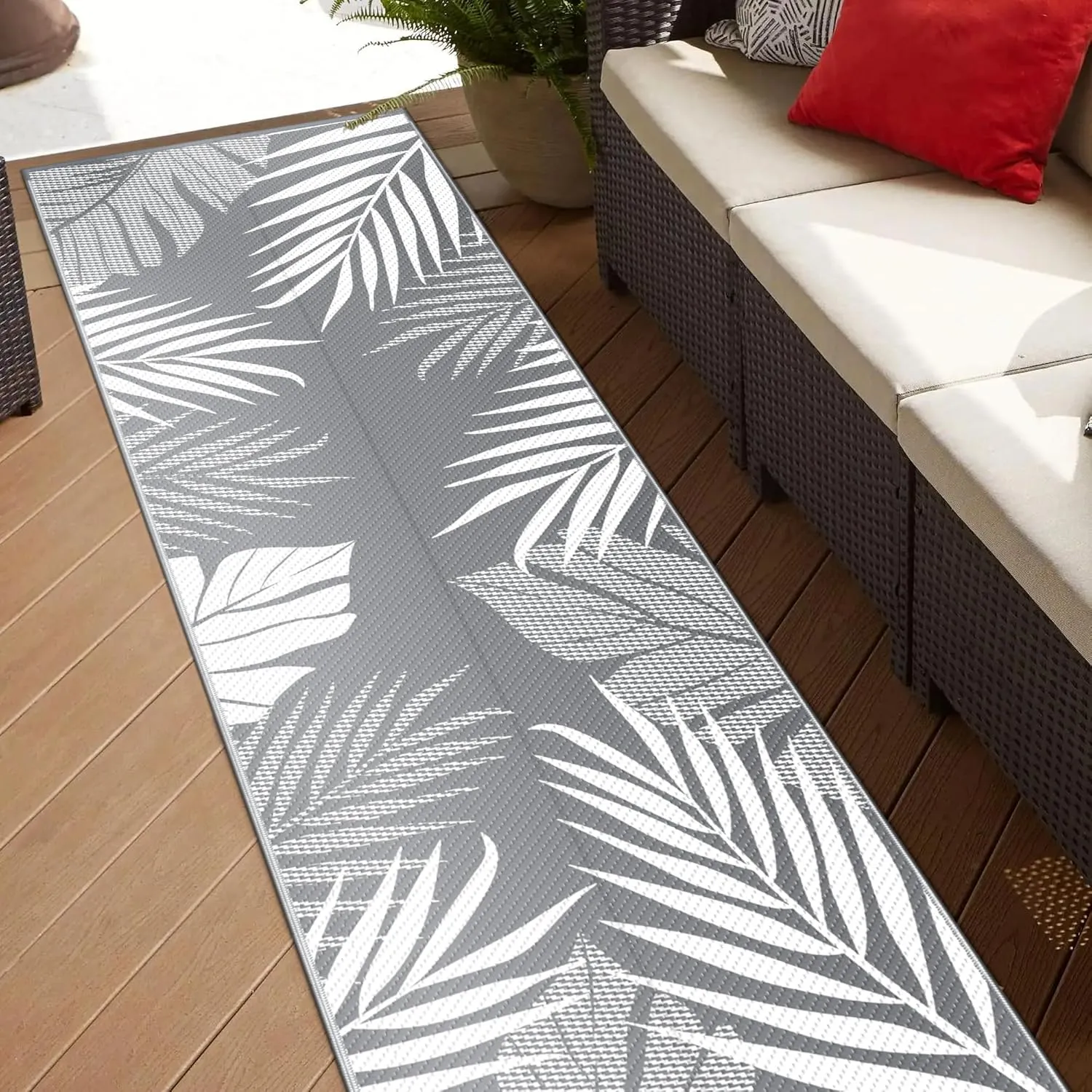 GENIMO Outdoor Rug 2.5' x 8' Waterproof for Patios Clearance, Reversible Outdoor Plastic Straw Hallway Runner Rug Carpet, Entryway Rugs Mats for Deck, Porch, Balcony, Camping, RV, Camper, Grey&White