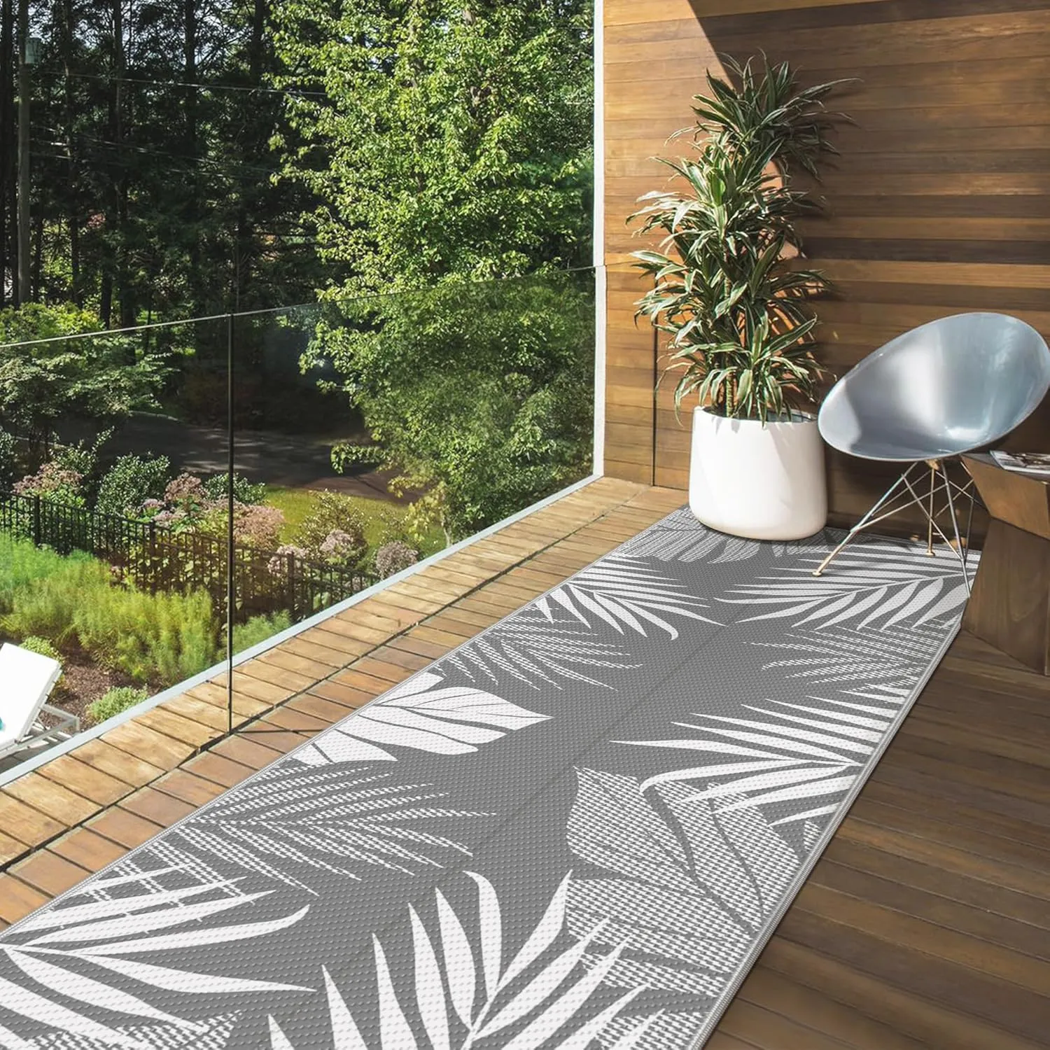 GENIMO Outdoor Rug 2.5' x 8' Waterproof for Patios Clearance, Reversible Outdoor Plastic Straw Hallway Runner Rug Carpet, Entryway Rugs Mats for Deck, Porch, Balcony, Camping, RV, Camper, Grey&White