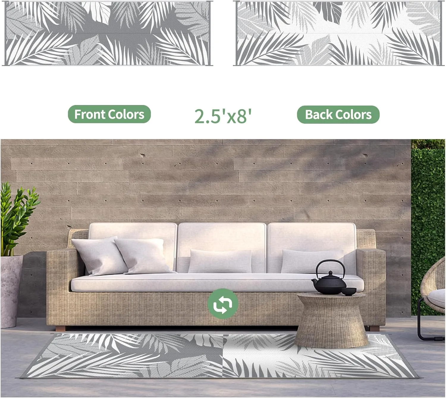 GENIMO Outdoor Rug 2.5' x 8' Waterproof for Patios Clearance, Reversible Outdoor Plastic Straw Hallway Runner Rug Carpet, Entryway Rugs Mats for Deck, Porch, Balcony, Camping, RV, Camper, Grey&White