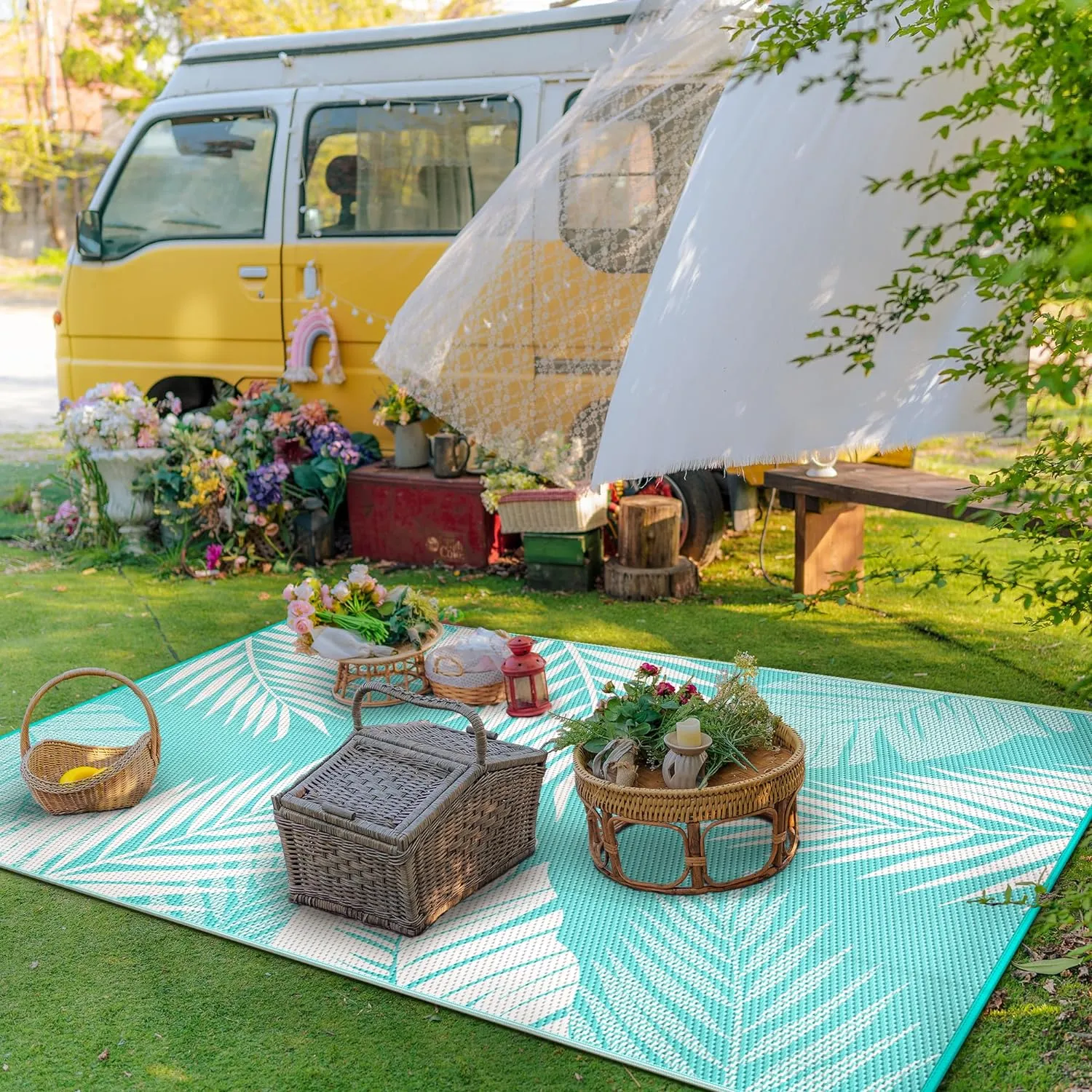 GENIMO Outdoor Rug 5' x 8' Waterproof for Patios Clearance, Reversible Outdoor Plastic Straw Camping Rug Carpet, Large Area Rugs Mats for RV, Picnic, Backyard, Deck, Balcony, Porch, Aqua Blue&White