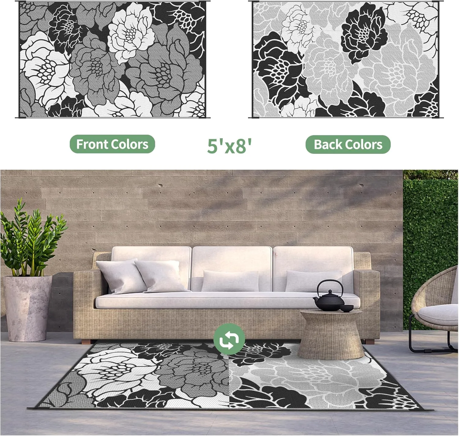 GENIMO Outdoor Rug Waterproof for Patio Decor, 5' x 8' Reversible Plastic Straw Floral Camping Carpet, Large Area Rugs Mats for RV, Camper, Deck, Balcony, Porch, Beach, Picnic, Mix-Black & White