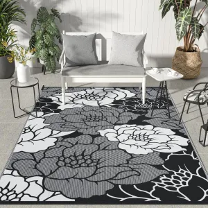 GENIMO Outdoor Rug Waterproof for Patio Decor, 5' x 8' Reversible Plastic Straw Floral Camping Carpet, Large Area Rugs Mats for RV, Camper, Deck, Balcony, Porch, Beach, Picnic, Mix-Black & White