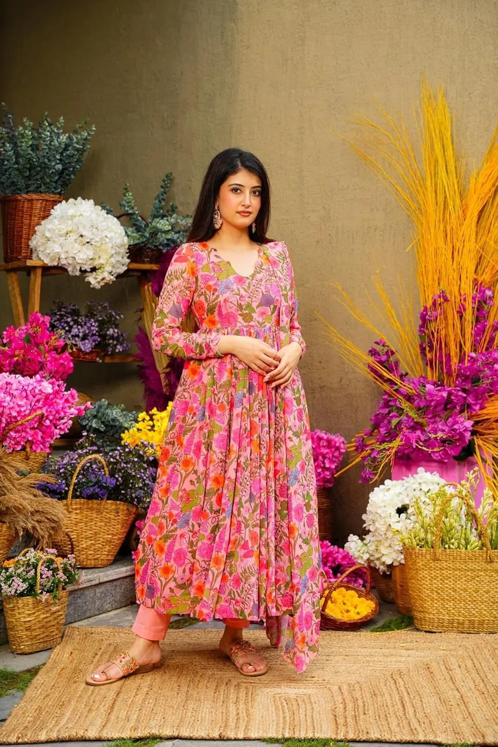 Georgette Lace Work Printed flared Kurta Pant With Dupatta Set