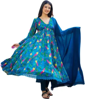 Georgette Lace Work Printed flared Kurta Pant With Dupatta Set