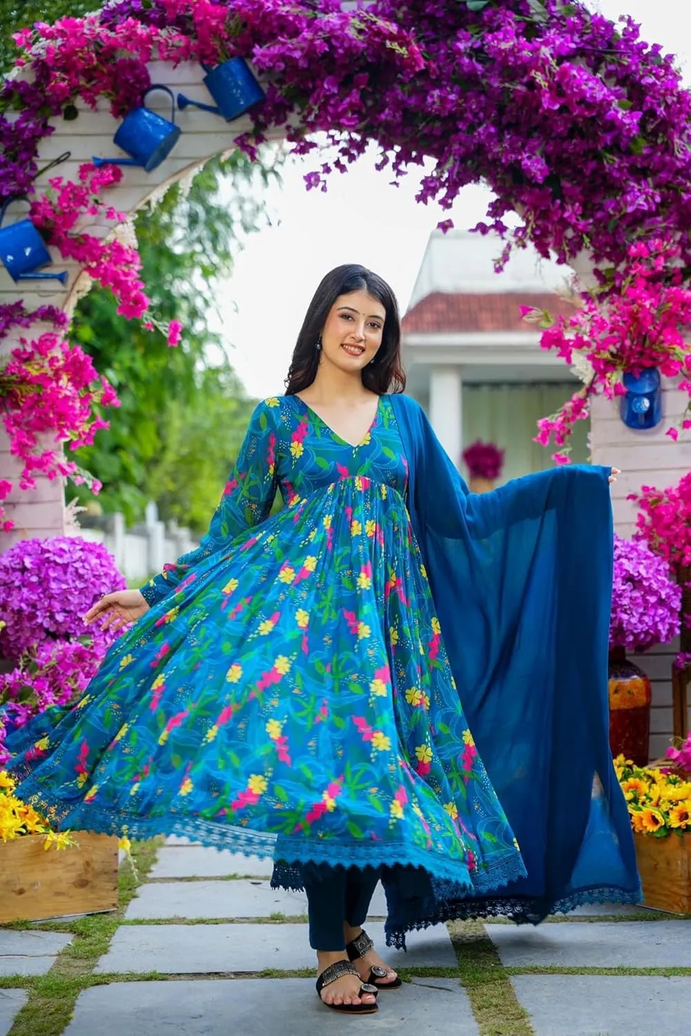 Georgette Lace Work Printed flared Kurta Pant With Dupatta Set