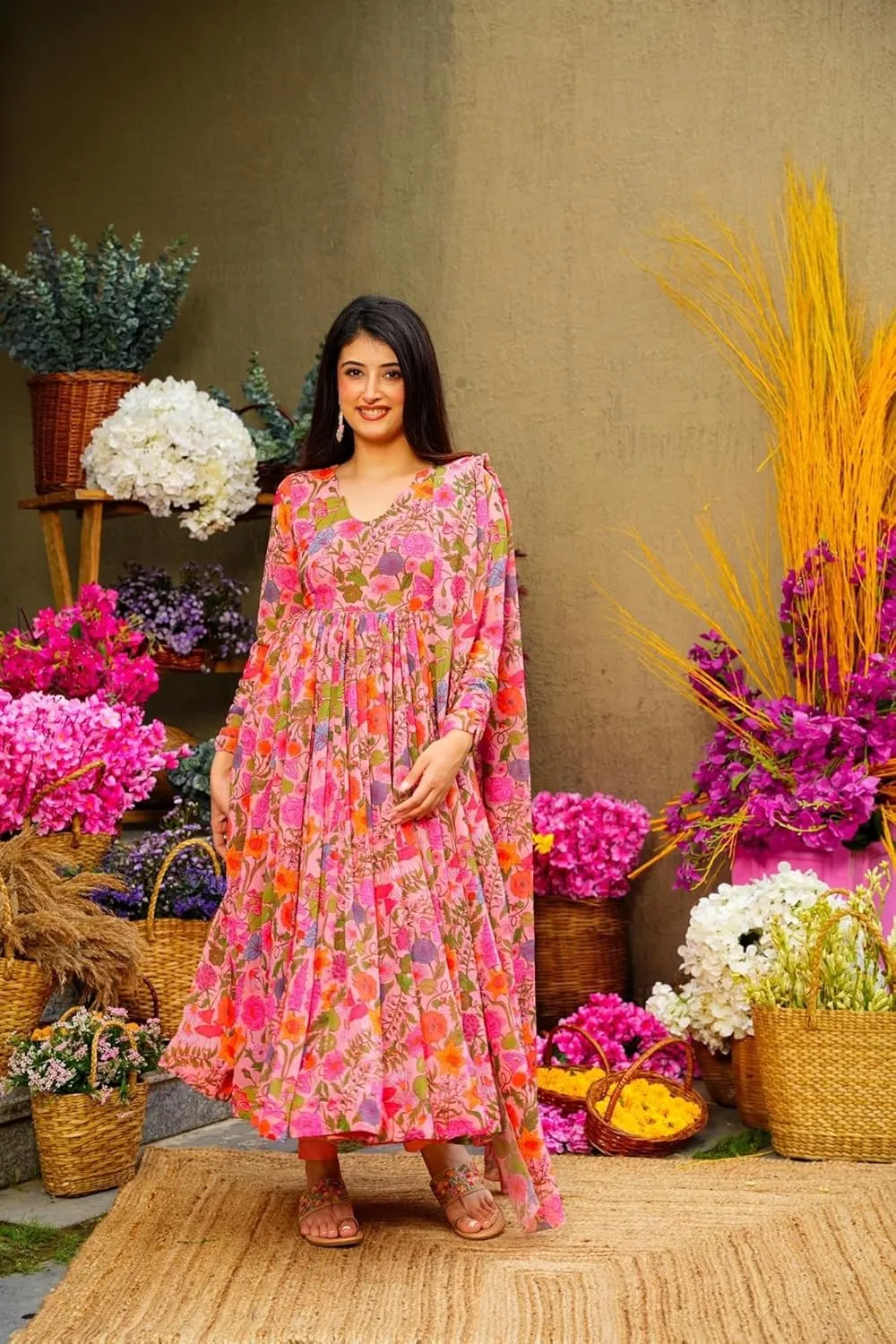 Georgette Lace Work Printed flared Kurta Pant With Dupatta Set