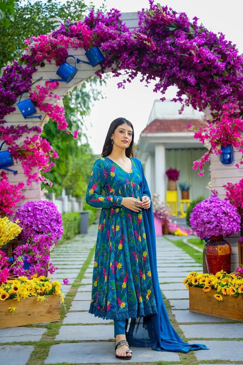 Georgette Lace Work Printed flared Kurta Pant With Dupatta Set