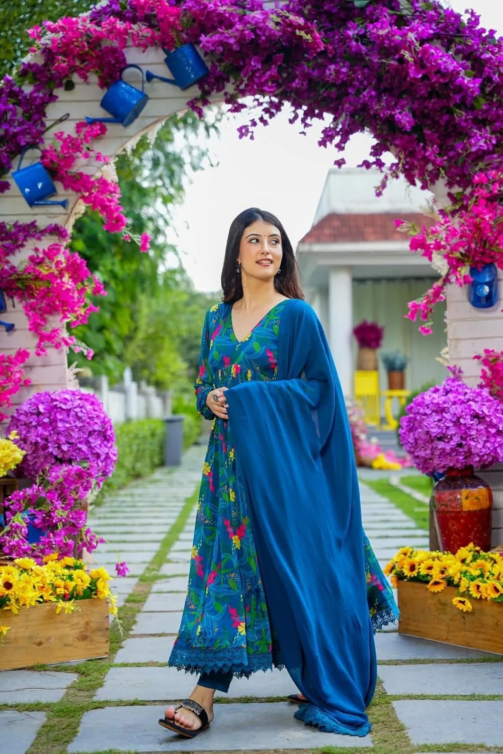 Georgette Lace Work Printed flared Kurta Pant With Dupatta Set