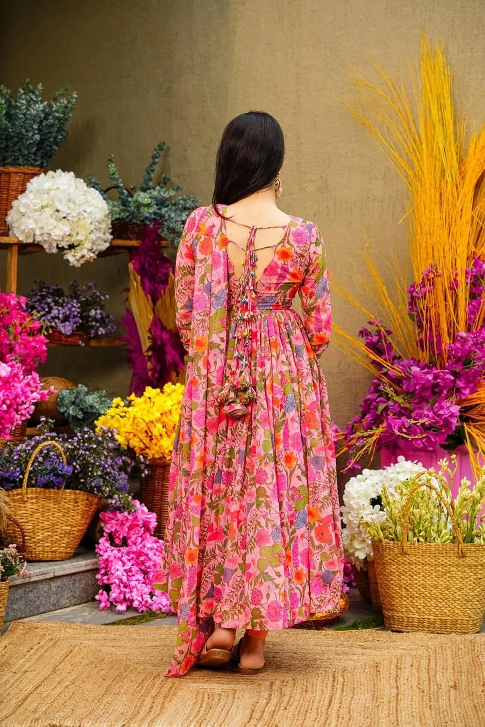 Georgette Lace Work Printed flared Kurta Pant With Dupatta Set